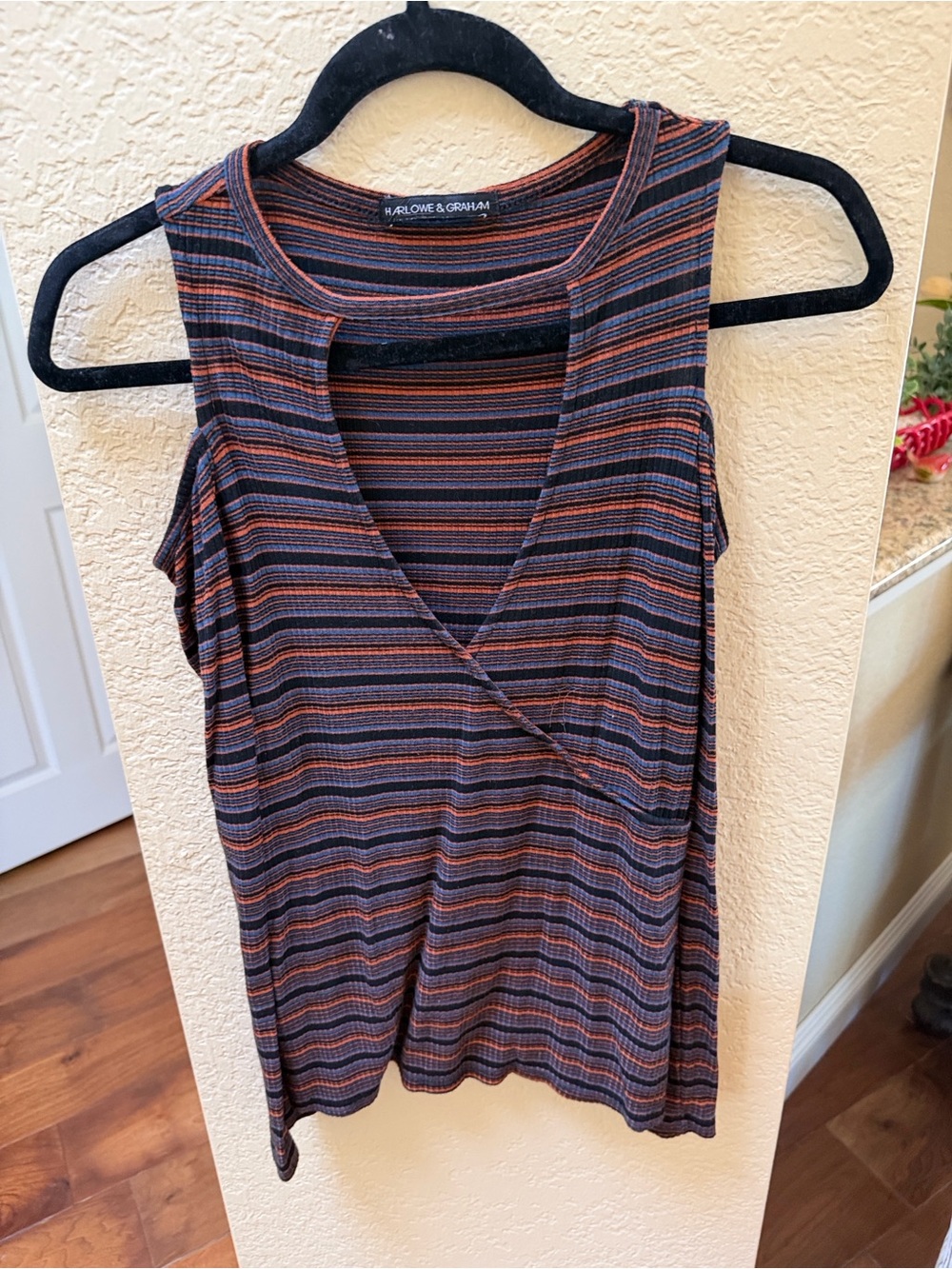 Harlowe & Graham Striped Wrap-Front Tank in Black and Rust